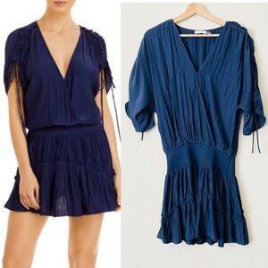 Ramy Brook MEDIUM Tilda navy blue satin crossover mini ruched sleeve dress